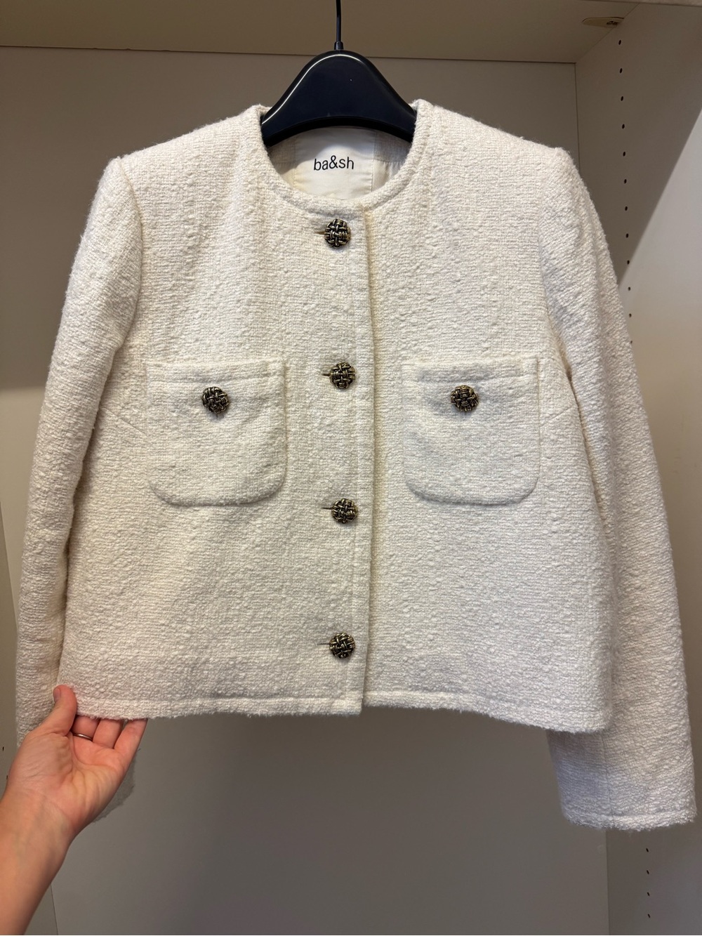 ba&sh Cream Bouclé Cropped Blazer with Decorative Buttons